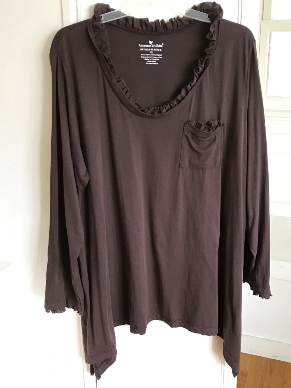 WOMAN WITHIN Long Sleeve Ruffle Trim Tunic Brown Women’s Plus Size 3X